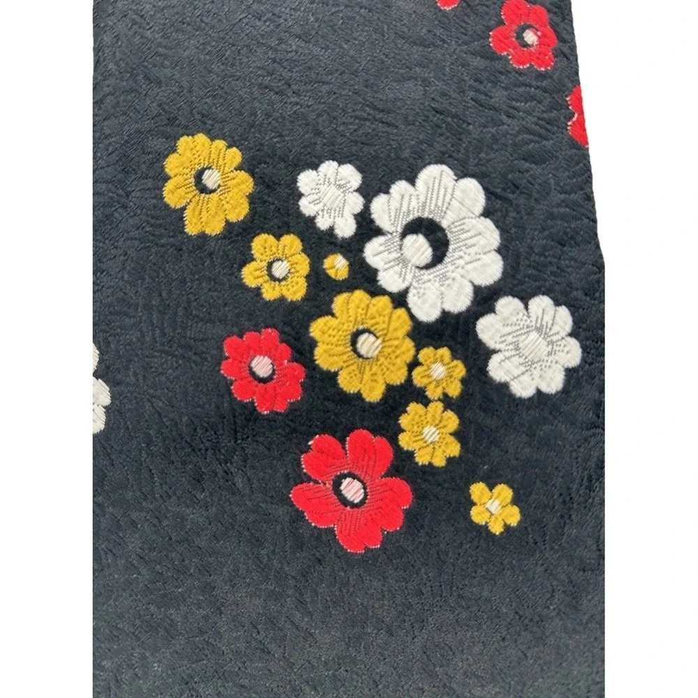 Clip On‎ Neck Tie, Black, Marigold Yellow, Ruby Red & White Flowers On Blk